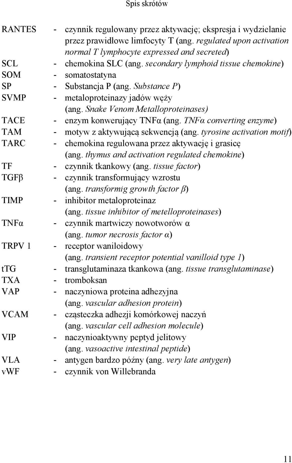 Substance P) SVMP - metaloproteinazy jadów węży (ang. Snake Venom Metalloproteinases) TACE - enzym konwerujący TNFα (ang. TNFα converting enzyme) TAM - motyw z aktywującą sekwencją (ang.