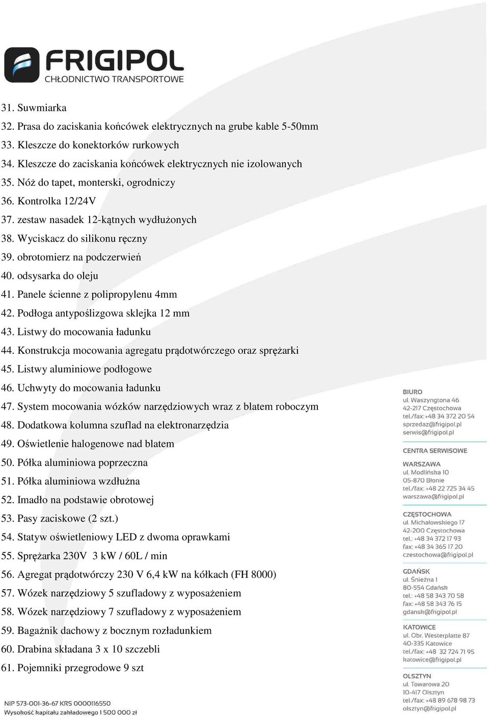 Panele ścienne z polipropylenu 4mm 42. Podłoga antypoślizgowa sklejka 12 mm 43. Listwy do mocowania ładunku 44. Konstrukcja mocowania agregatu prądotwórczego oraz sprężarki 45.