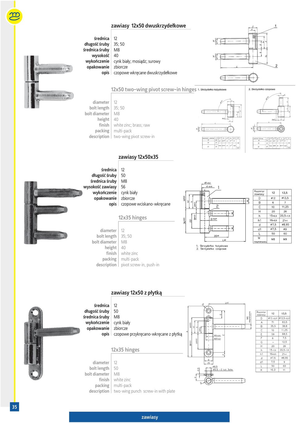 wciskano-wkręcane x35 hinges bolt height pivot screw-in, push-in x z płytką śruby