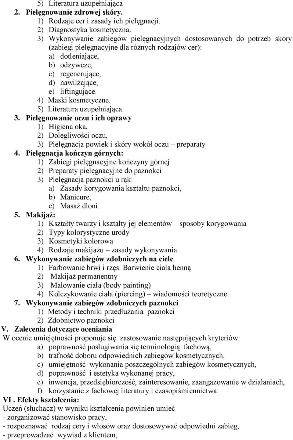 4) Maski kosmetyczne. 5) Literatura uzupełniająca. 3. Pielęgnowanie oczu i ich oprawy 1) Higiena oka, 2) Dolegliwości oczu, 3) Pielęgnacja powiek i skóry wokół oczu preparaty 4.