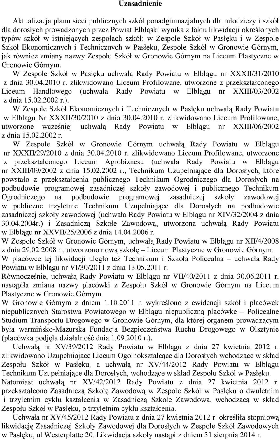 Górnym na Liceum Plastyczne w Gronowie Górnym. W Zespole Szkół w Pasłęku uchwałą nr XXXII/31/2010 z dnia 30.04.2010 r.