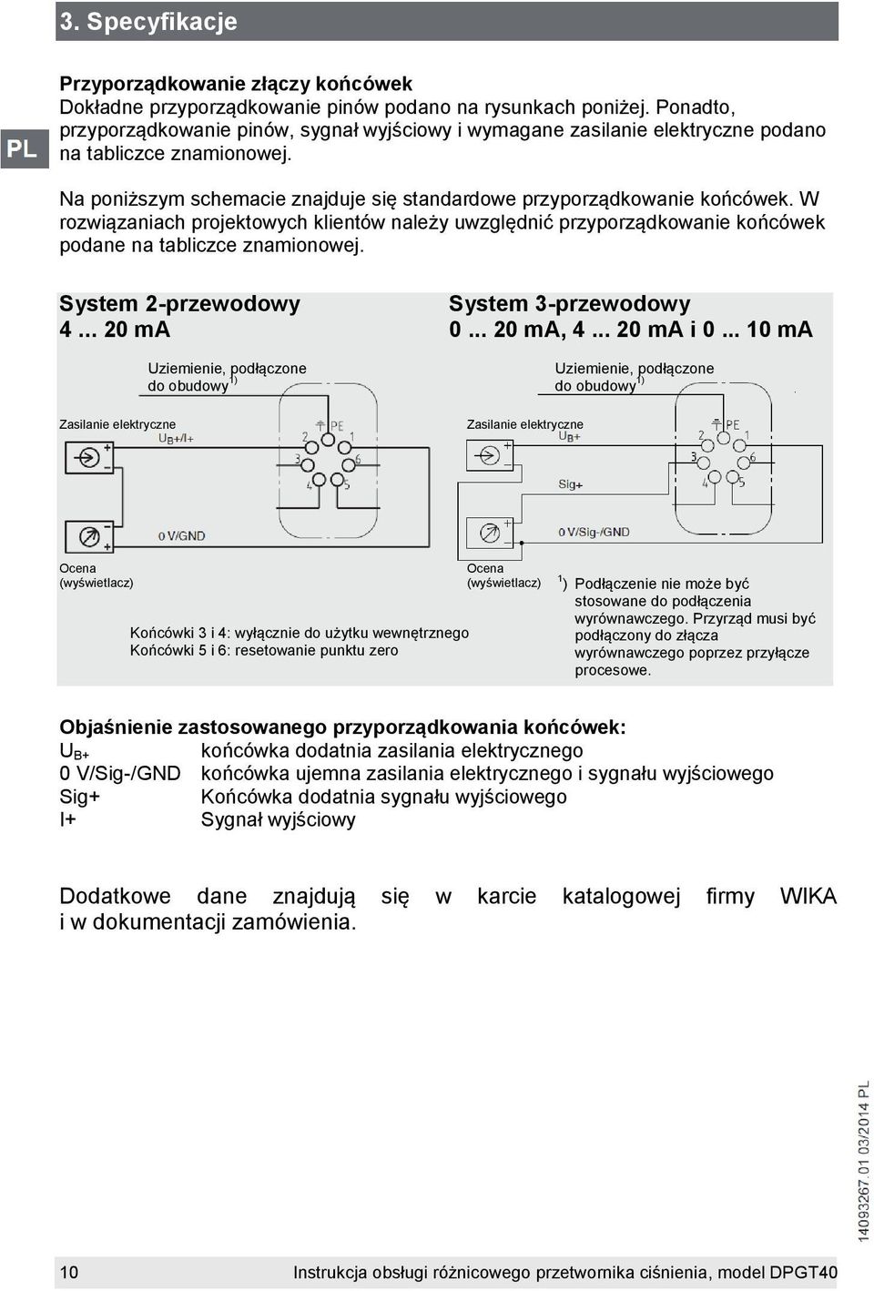 W rozwiązaniach projektowych klientów należy uwzględnić przyporządkowanie końcówek podane na tabliczce znamionowej. System 2-przewodowy System 3-przewodowy 4... 20 ma 0... 20 ma, 4... 20 ma i 0.