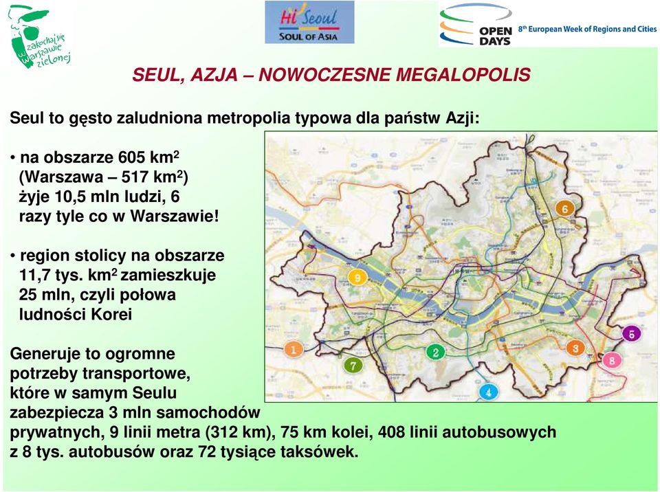 km 2 zamieszkuje 25 mln, czyli połowa ludności Korei Generuje to ogromne potrzeby transportowe, które w samym Seulu