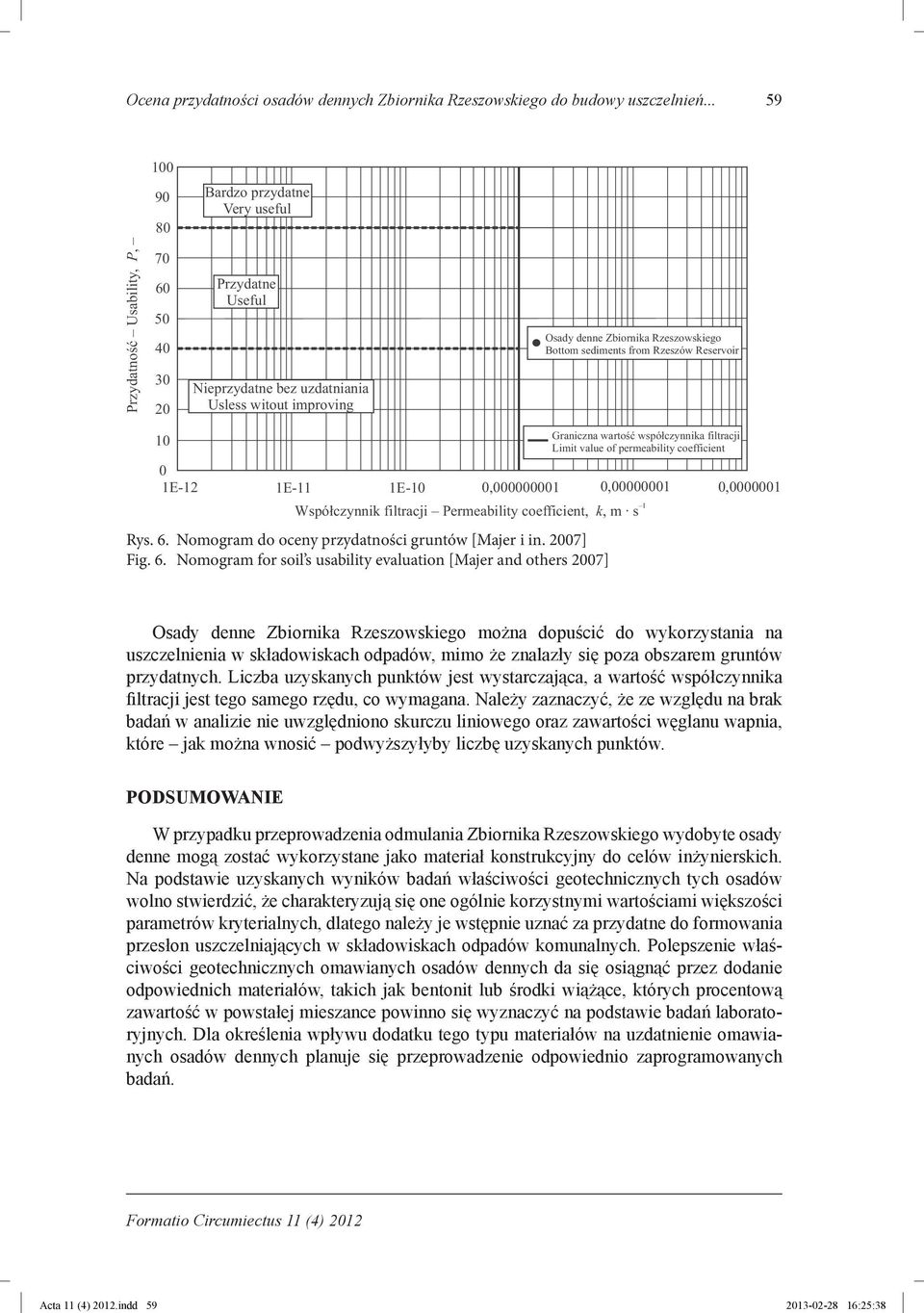 Nomogram for soil s usability evaluation [Majer and others 2007] Osady denne Zbiornika Rzeszowskiego można dopuścić do wykorzystania na uszczelnienia w składowiskach odpadów, mimo że znalazły się