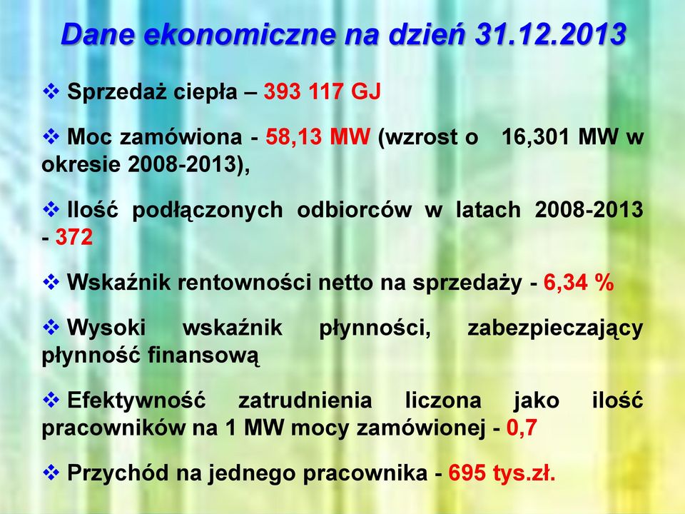 podłączonych odbiorców w latach 2008-2013 - 372 Wskaźnik rentowności netto na sprzedaży - 6,34 % Wysoki