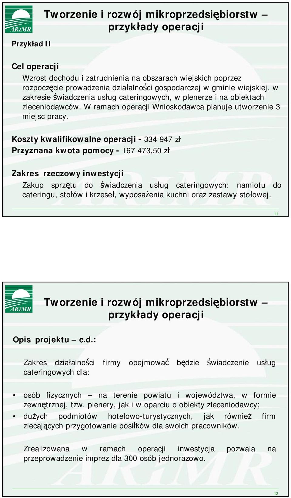 Koszty kwalifikowalne operacji - 334 947 zł Przyznana kwota pomocy - 167 473,50 zł Zakres rzeczowy inwestycji Zakup sprzętu do świadczenia usług cateringowych: namiotu do cateringu, stołów i krzeseł,