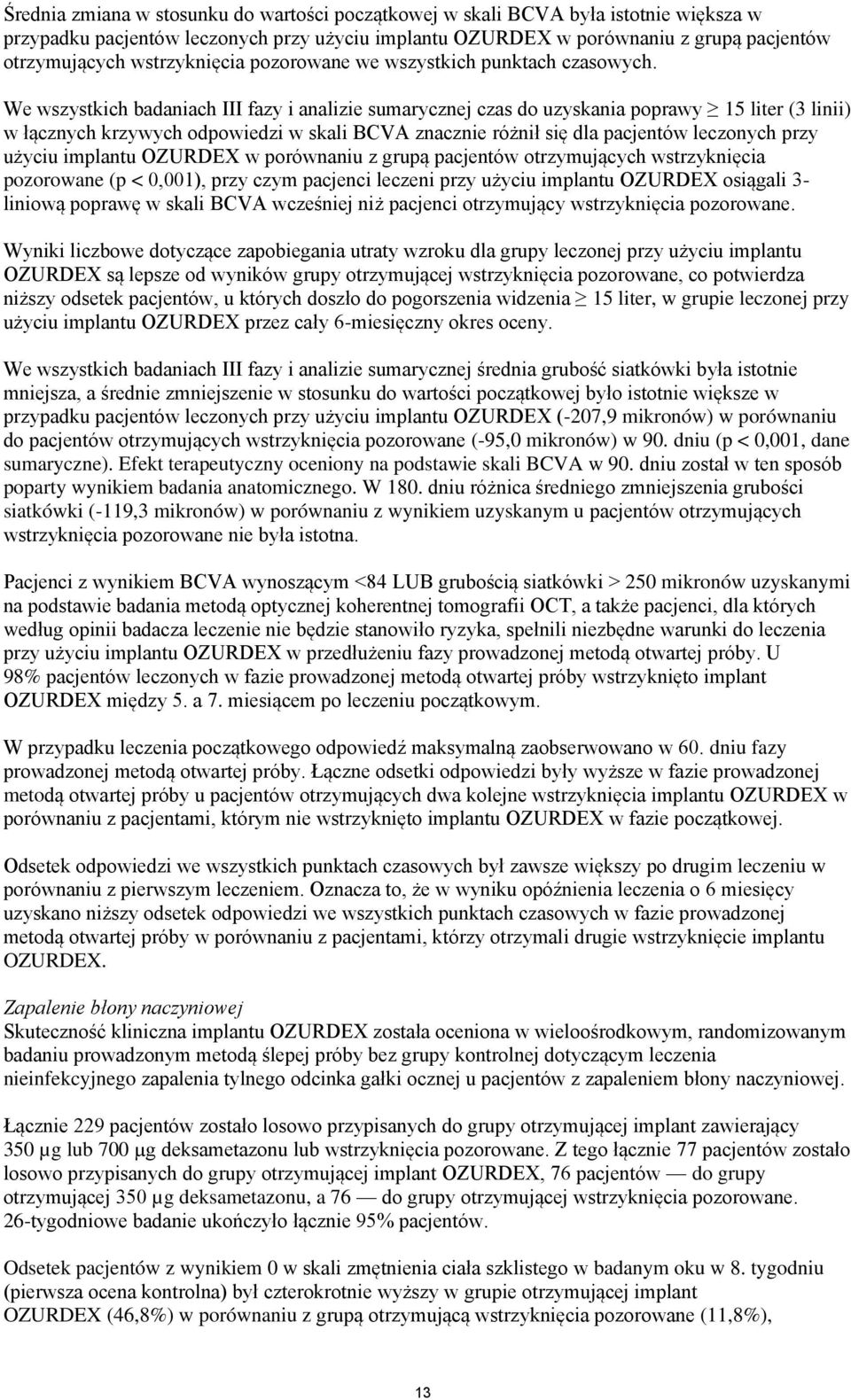 We wszystkich badaniach III fazy i analizie sumarycznej czas do uzyskania poprawy 15 liter (3 linii) w łącznych krzywych odpowiedzi w skali BCVA znacznie różnił się dla pacjentów leczonych przy
