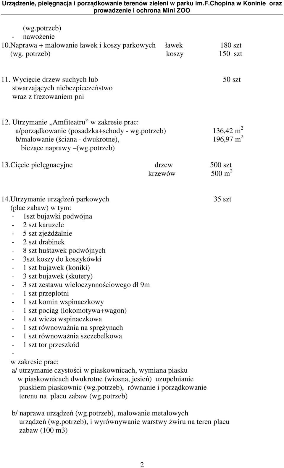 potrzeb) 136,42 m 2 b/malowanie (ściana - dwukrotne), 196,97 m 2 bieŝące naprawy (wg.potrzeb) 13.Cięcie pielęgnacyjne drzew 500 szt krzewów 500 m 2 14.