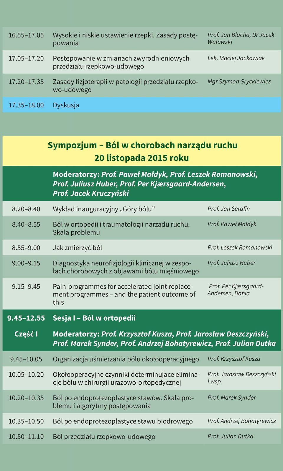 00 Dyskusja Sympozjum Ból w chorobach narządu ruchu 20 listopada 2015 roku Moderatorzy: Prof. Paweł Małdyk, Prof. Leszek Romanowski, Prof. Juliusz Huber, Prof. Per Kjærsgaard-Andersen, Prof.