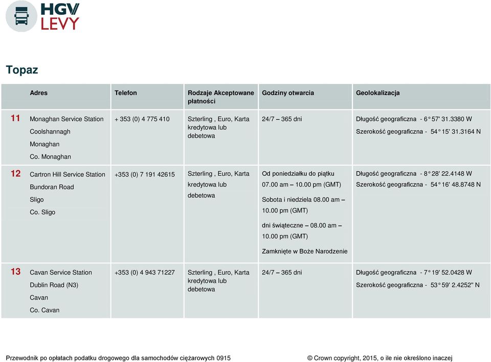 00 am 10.00 pm (GMT) Sobota i niedziela 08.00 am Długość geograficzna - 8 28' 22.4148 W Szerokość geograficzna - 54 16' 48.8748 N Co. Sligo 10.00 pm (GMT) dni świąteczne 08.00 am 10.00 pm (GMT) Zamknięte w Boże Narodzenie 13 Cavan Service Station Dublin Road (N3) Cavan Co.