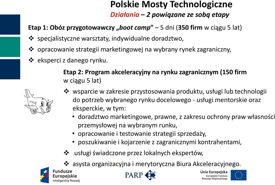 Etap 2: Program akceleracyjny na rynku zagranicznym (150 firm w ciągu 5 lat) wsparcie w zakresie przystosowania produktu, usługi lub technologii do potrzeb wybranego rynku docelowego - usługi