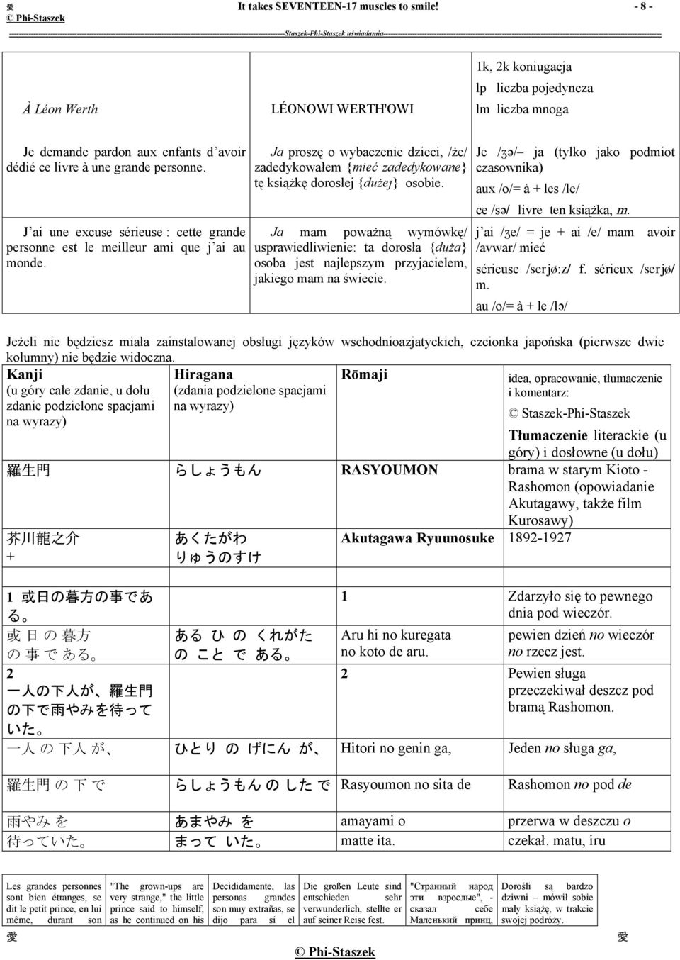 J ai une excuse sérieuse : cette grande personne est le meilleur ami que j ai au monde. Ja proszę o wybaczenie dzieci, /że/ zadedykowałem {mieć zadedykowane} tę książkę dorosłej {dużej} osobie.
