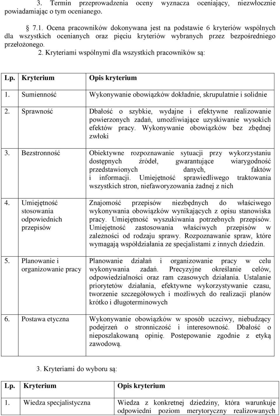 Kryteriami wspólnymi dla wszystkich pracowników są: Lp. Kryterium Opis kryterium 1. Sumienność Wykonywanie obowiązków dokładnie, skrupulatnie i solidnie 2.