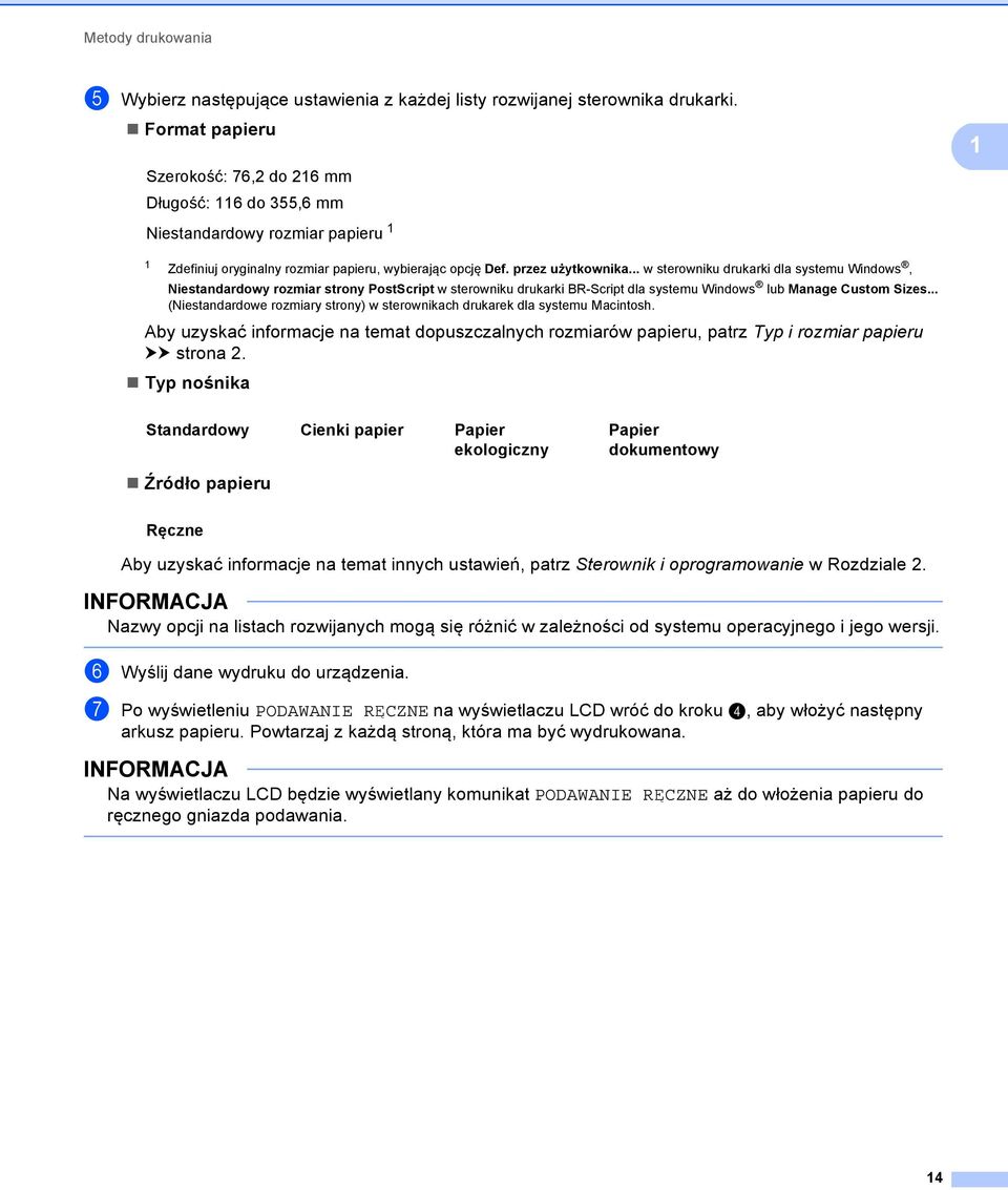 .. w sterowniku drukarki dla systemu Windows, Niestandardowy rozmiar strony PostScript w sterowniku drukarki BR-Script dla systemu Windows lub Manage Custom Sizes.