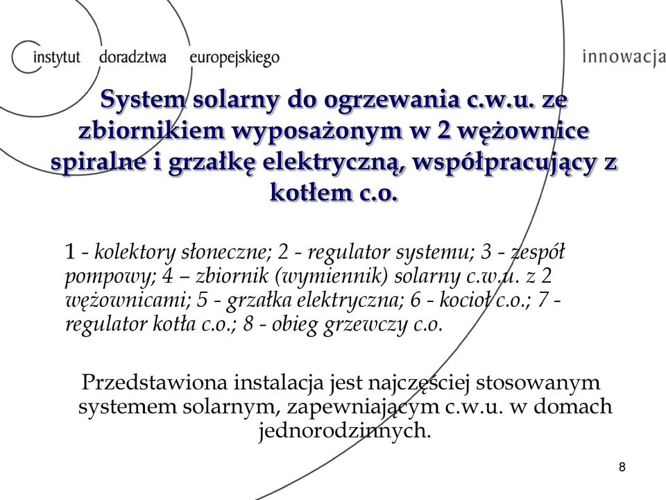 w.u. z 2 wężownicami; 5 - grzałka elektryczna; 6 - kocioł c.o.; 7 - regulator kotła c.o.; 8 - obieg grzewczy c.o. Przedstawiona instalacja jest najczęściej stosowanym systemem solarnym, zapewniającym c.