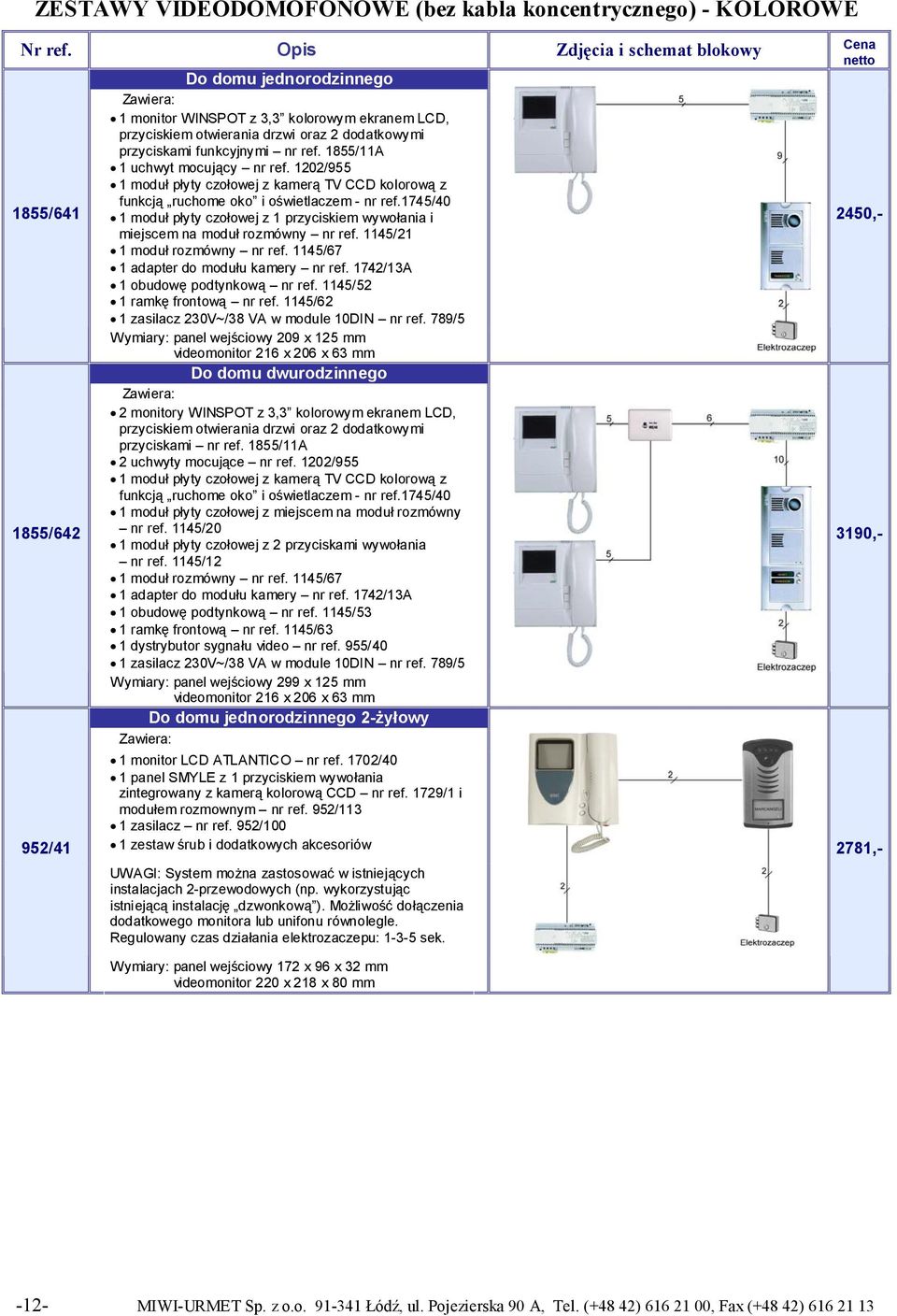 1745/40 1 moduł płyty czołowej z 1 przyciskiem wywołania i miejscem na moduł rozmówny nr ref. 1145/21 1 moduł rozmówny nr ref. 1145/67 1 adapter do modułu kamery nr ref.