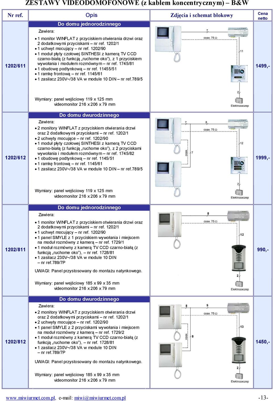 11455/51 1499,- Wymiary: panel wejściowy 119 x 125 mm videomonitor 216 x 206 x 79 mm 1202/612 2 monitory WINFLAT z przyciskiem otwierania drzwi oraz 2 dodatkowymi przyciskami nr ref.