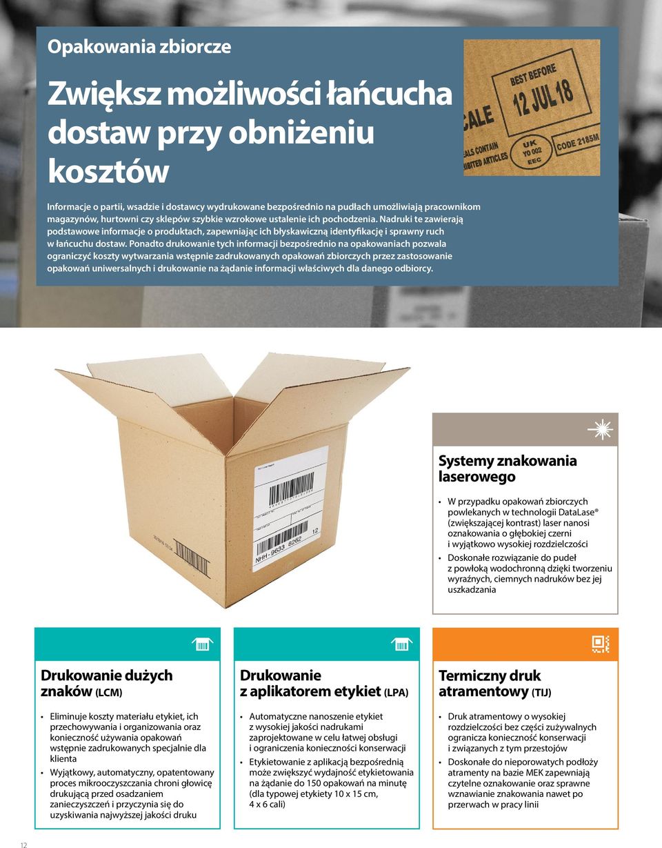 Ponadto drukowanie tych informacji bezpośrednio na opakowaniach pozwaa ograniczyć koszty wytwarzania wstępnie zadrukowanych opakowań zbiorczych przez zastosowanie opakowań uniwersanych i drukowanie