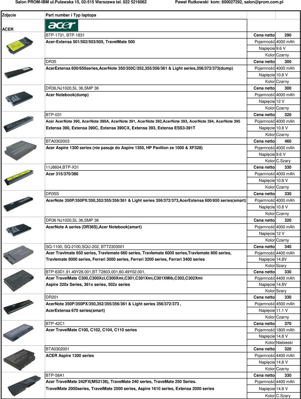 Extensa 390C, Extensa 390CX, Extensa 393, Extensa ESS3-391T BTA0302003 Cena netto 460 Acer Aspire 1300 series (nie pasuje do Aspire 1350, HP Pavilion ze 1000 & XF328) Kolor C.