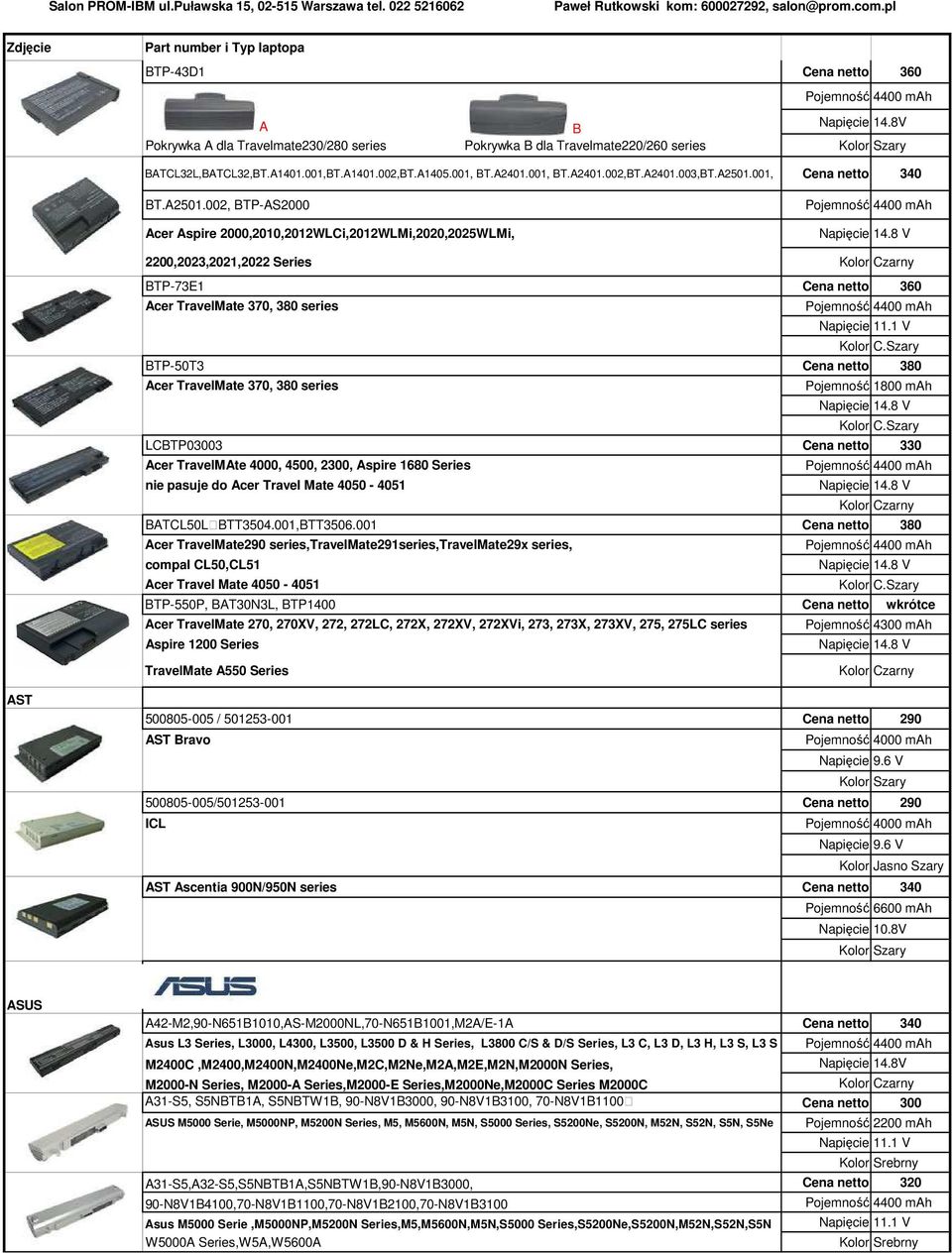 Szary BTP-50T3 Cena netto 380 Acer TravelMate 370, 380 series Pojemność 1800 mah Kolor C.