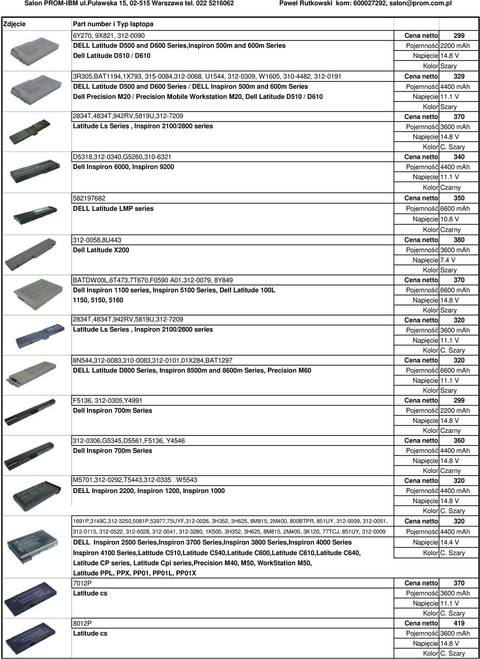 D610 2834T,4834T,942RV,5819U,312-7209 Cena netto 370 Latitude Ls Series, Inspiron 2100/2800 series Pojemność 3600 mah D5318,312-0340,G5260,310-6321 Cena netto 340 Dell Inspiron 6000, Inspiron 9200