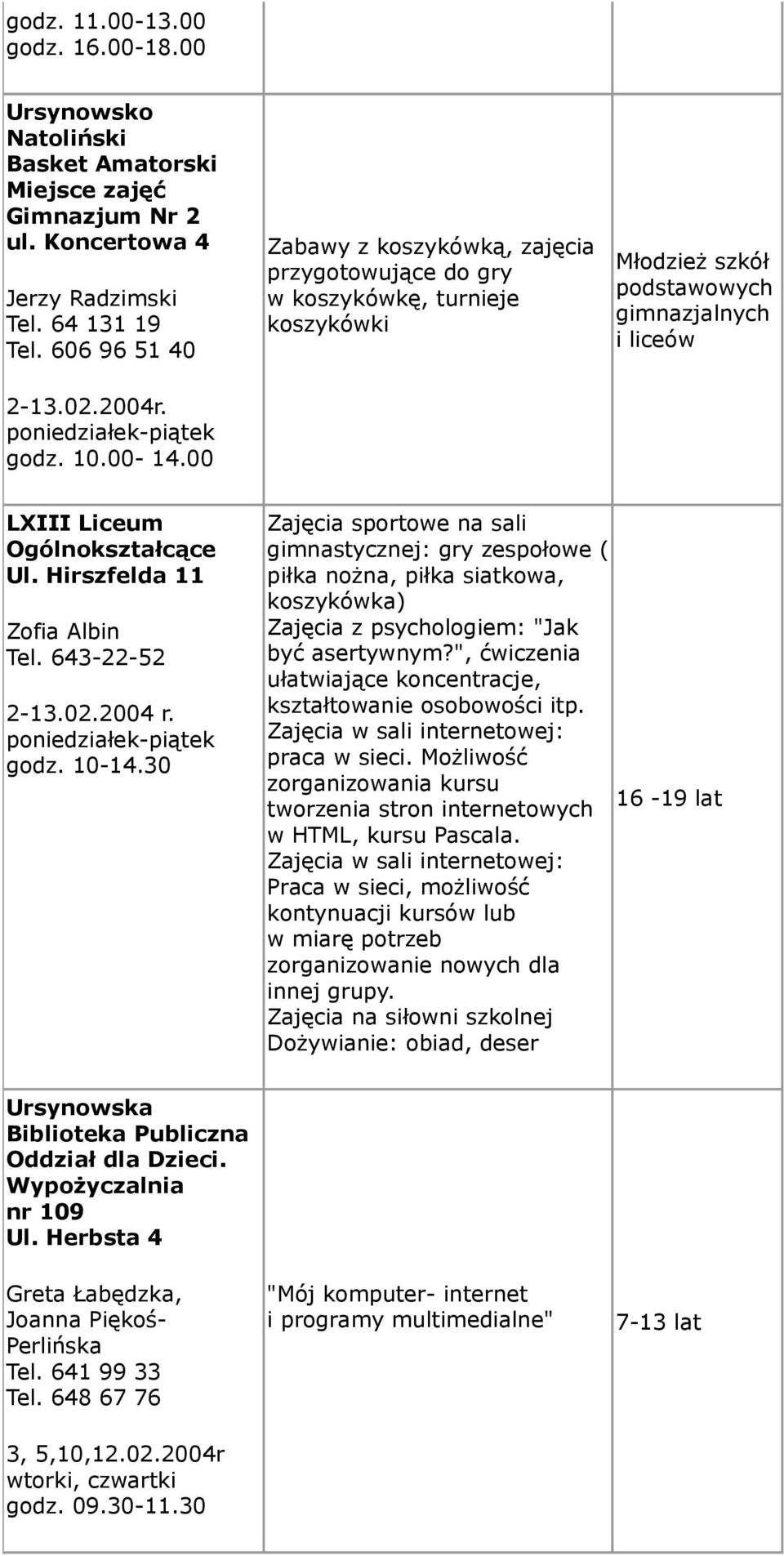 Hirszfelda 11 Zofia Albin Tel. 643-22-52 2-13.02.2004 r. godz. 10-14.