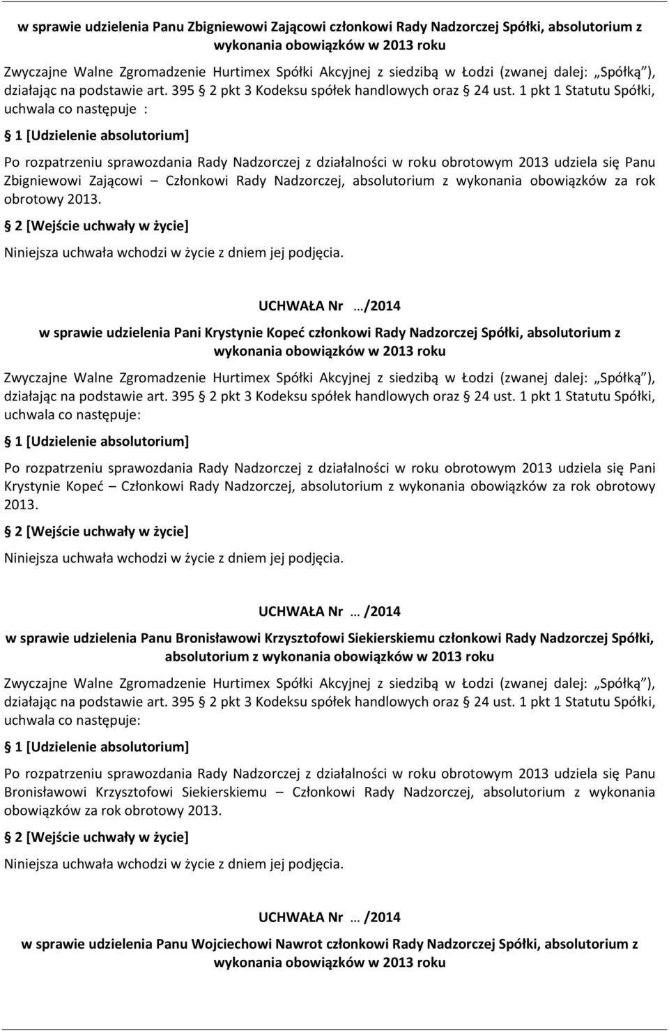 w sprawie udzielenia Pani Krystynie Kopeć członkowi Rady Nadzorczej Spółki, absolutorium z wykonania obowiązków w 2013 roku uchwala co następuje: Po rozpatrzeniu sprawozdania Rady Nadzorczej z