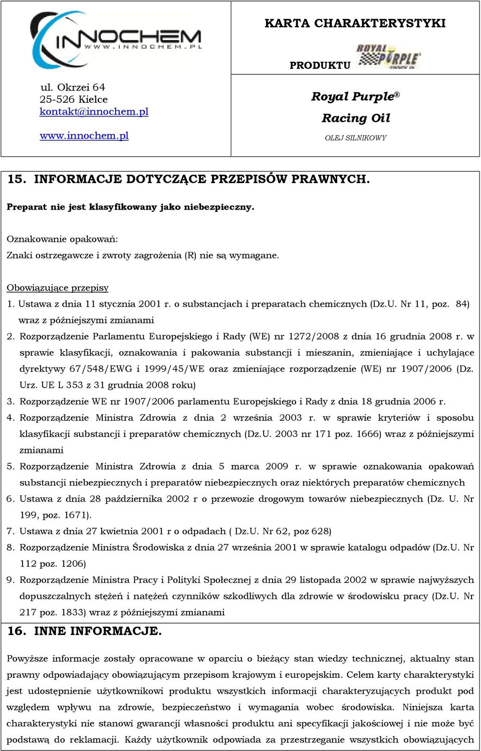 Rozporządzenie Parlamentu Europejskiego i Rady (WE) nr 1272/2008 z dnia 16 grudnia 2008 r.