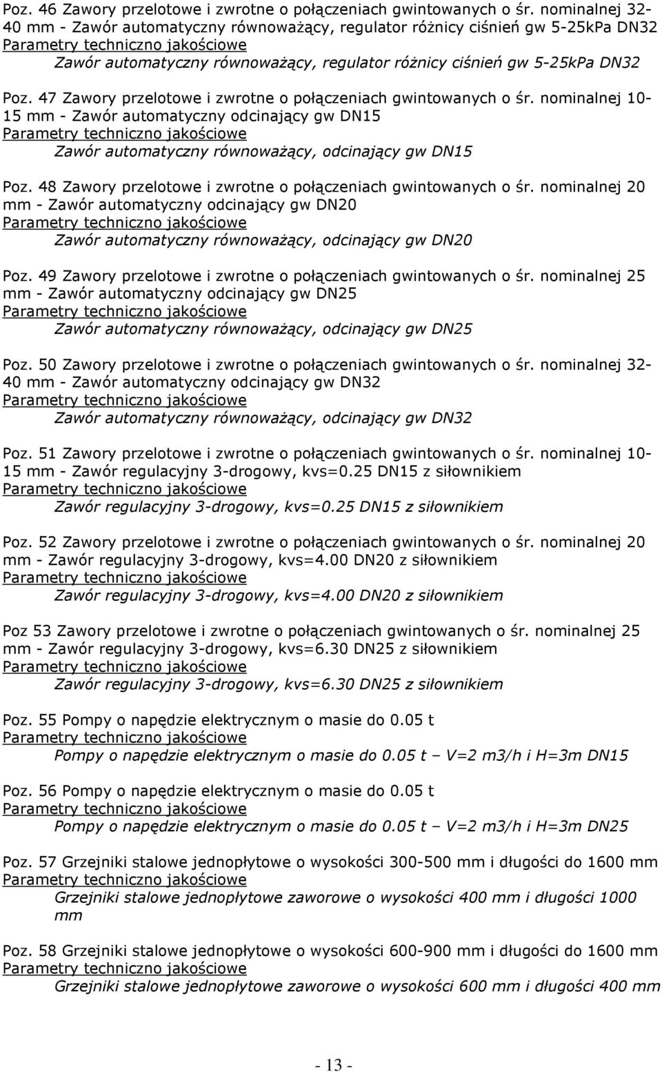 47 Zawory przelotowe i zwrotne o połączeniach gwintowanych o śr. nominalnej 10-15 mm - Zawór automatyczny odcinający gw DN15 Zawór automatyczny równoważący, odcinający gw DN15 Poz.