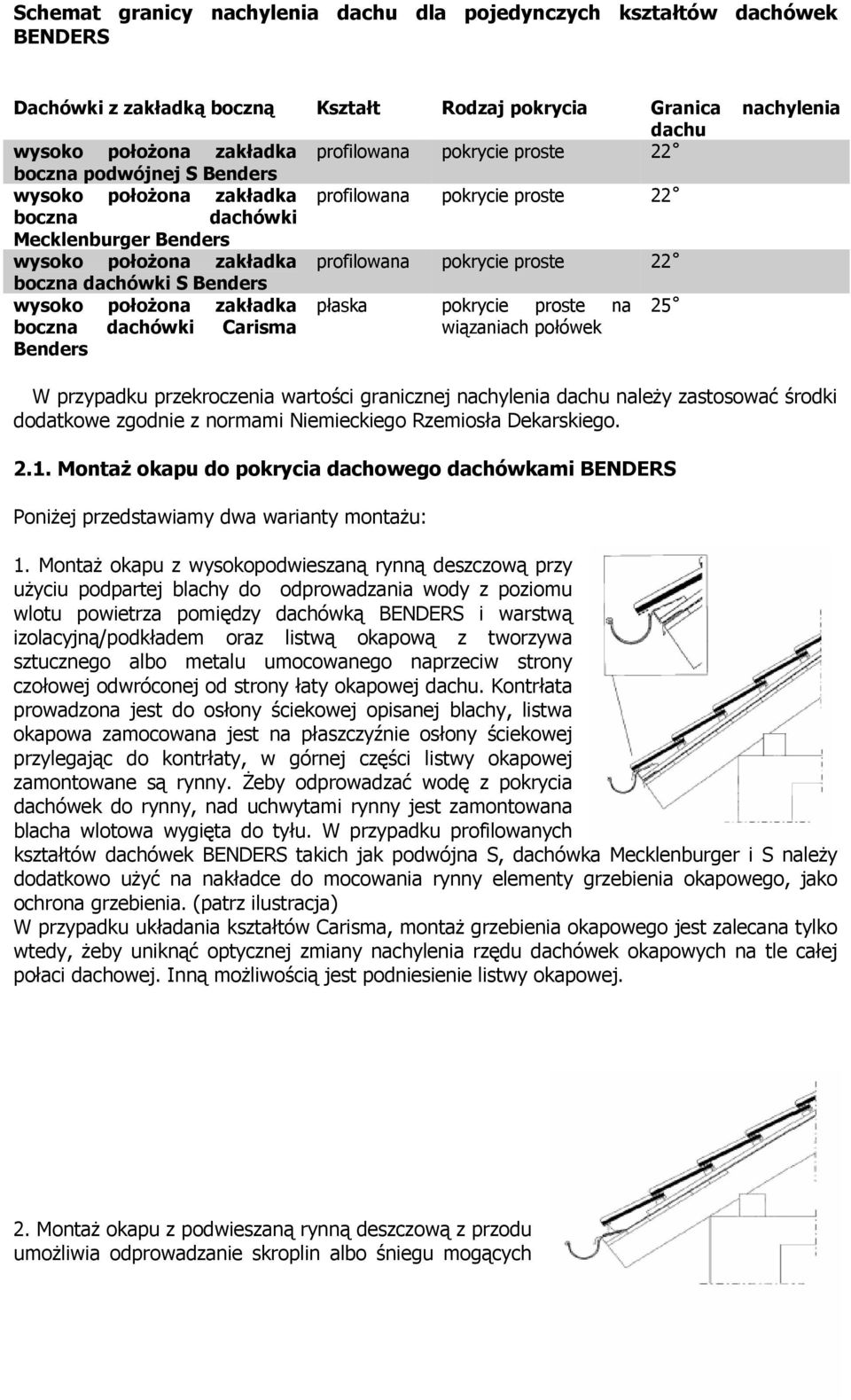 dachówki S Benders wysoko położona zakładka płaska pokrycie proste na 25 boczna dachówki Carisma wiązaniach połówek Benders W przypadku przekroczenia wartości granicznej nachylenia dachu należy