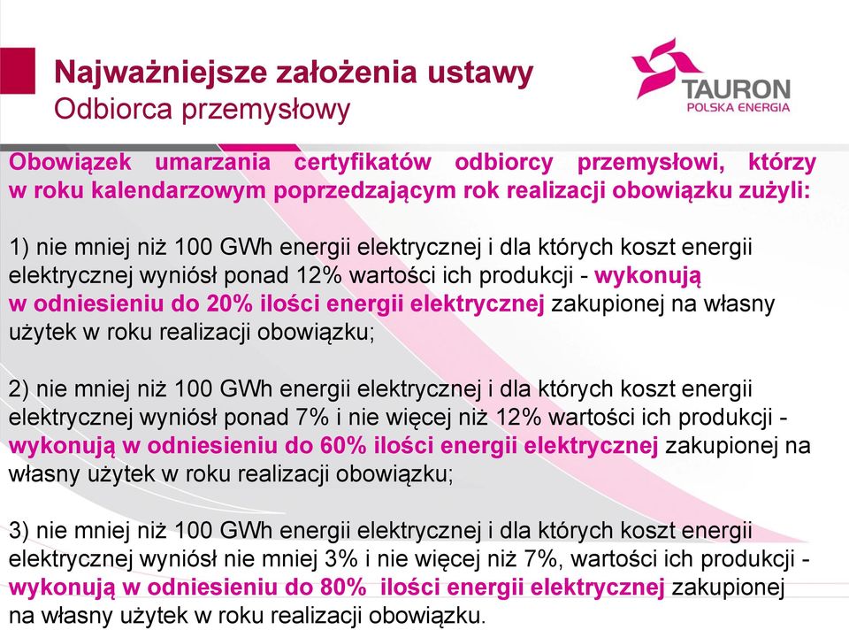 nie mniej niż 100 GWh energii elektrycznej i dla których koszt energii elektrycznej wyniósł ponad 7% i nie więcej niż 12% wartości ich produkcji - wykonują w odniesieniu do 60% ilości energii