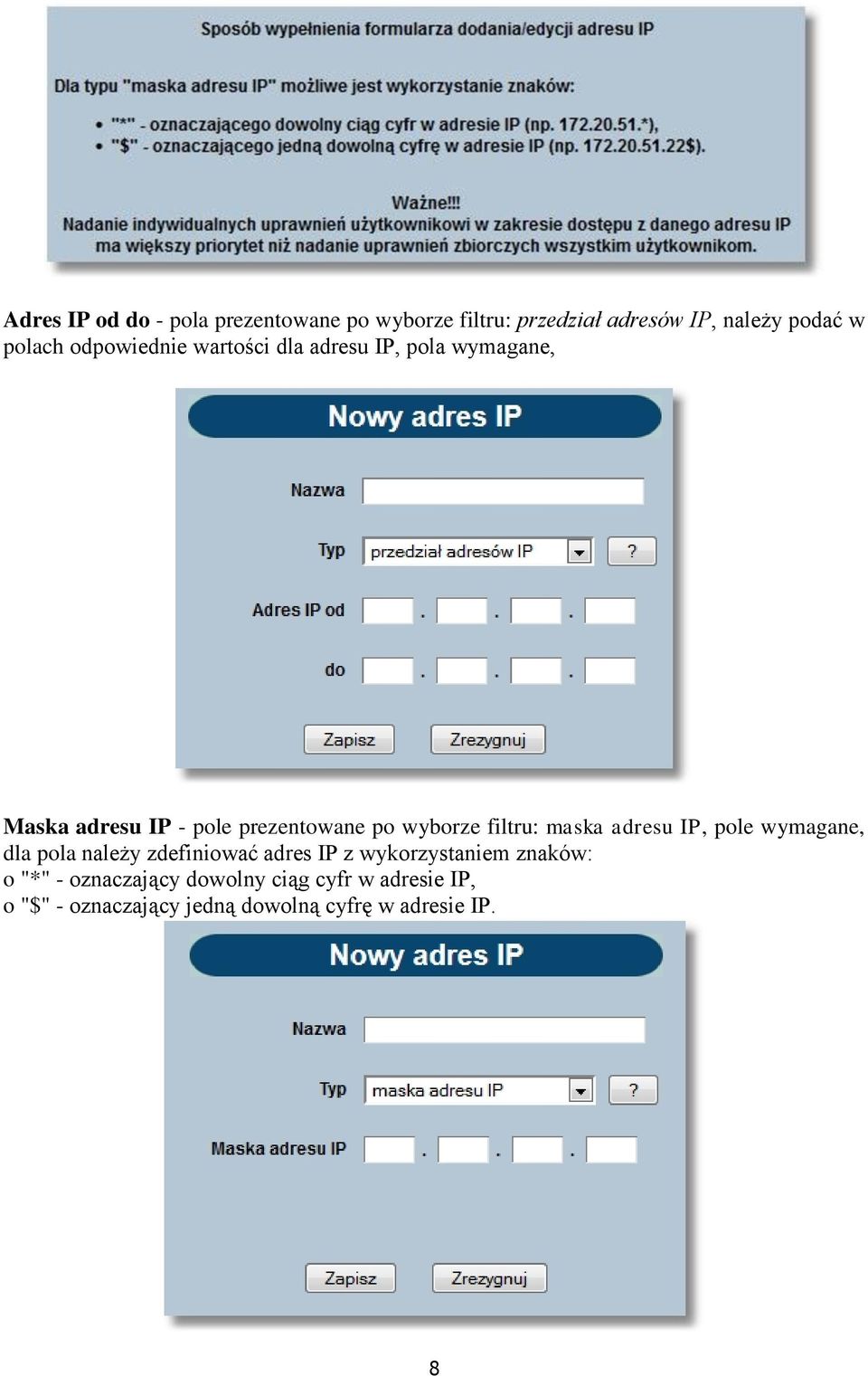 filtru: maska adresu IP, pole wymagane, dla pola należy zdefiniować adres IP z wykorzystaniem znaków: