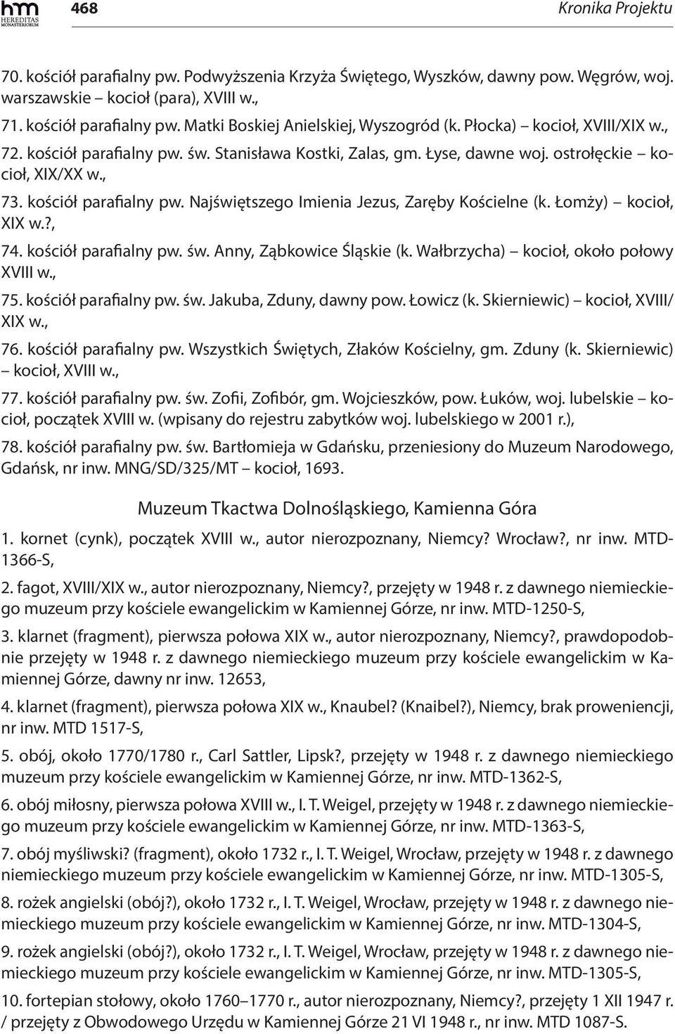 Łomży) kocioł, XIX w.?, 74. kościół parafialny pw. św. Anny, Ząbkowice Śląskie (k. Wałbrzycha) kocioł, około połowy XVIII w., 75. kościół parafialny pw. św. Jakuba, Zduny, dawny pow. Łowicz (k.