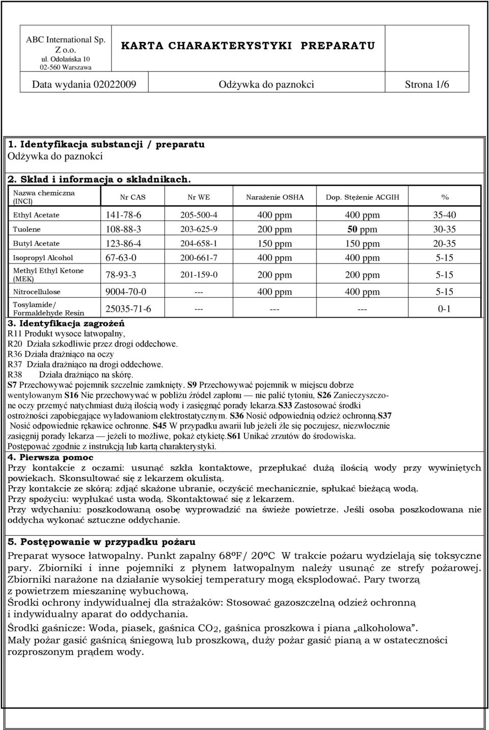 Stężenie ACGIH % Ethyl Acetate 141-78-6 205-500-4 400 ppm 400 ppm 35-40 Tuolene 108-88-3 203-625-9 200 ppm 50 ppm 30-35 Butyl Acetate 123-86-4 204-658-1 150 ppm 150 ppm 20-35 Isopropyl Alcohol