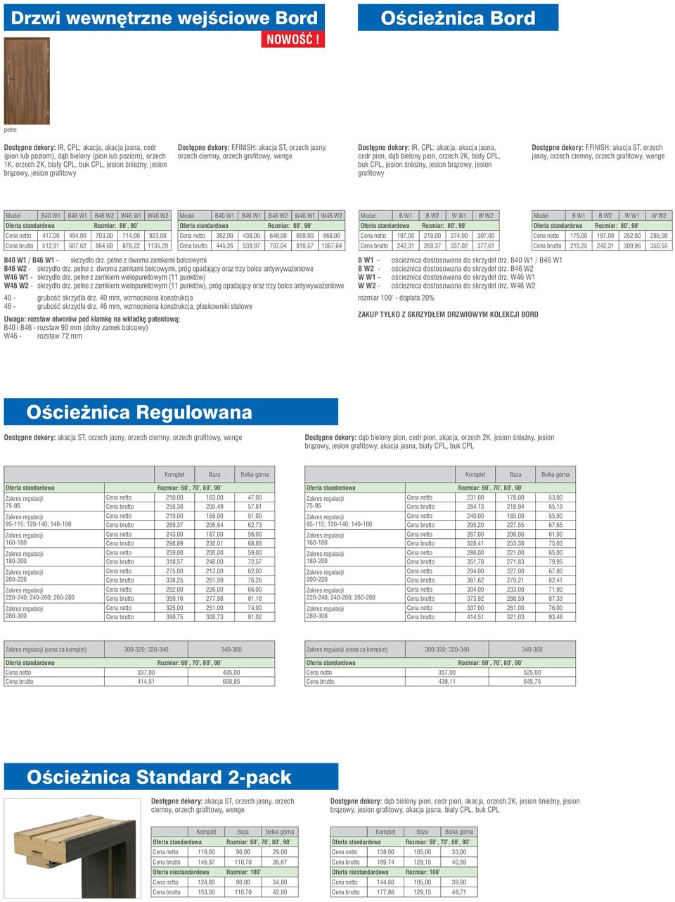 FINISH: akacja ST, orzech jasny, orzech ciemny, orzech grafitowy, wenge Dostępne dekory: IR, CPL: akacja, akacja jasna, cedr, dąb bielony, orzech 2K, biały CPL, buk CPL, jesion FINISH: akacja ST,