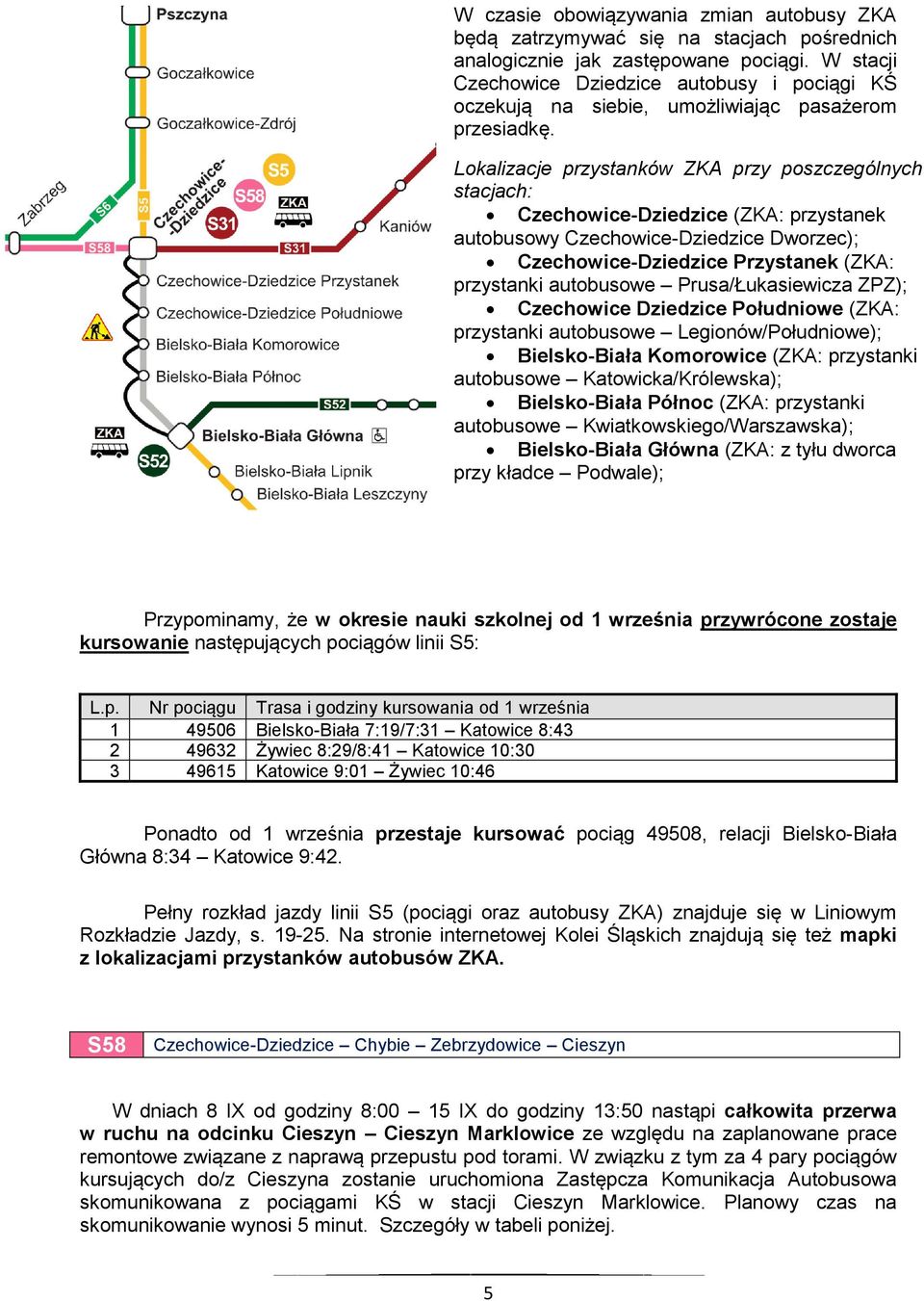 Lokalizacje przystanków ZKA przy poszczególnych stacjach: Czechowice-Dziedzice (ZKA: przystanek autobusowy Czechowice-Dziedzice Dworzec); Czechowice-Dziedzice Przystanek (ZKA: przystanki autobusowe