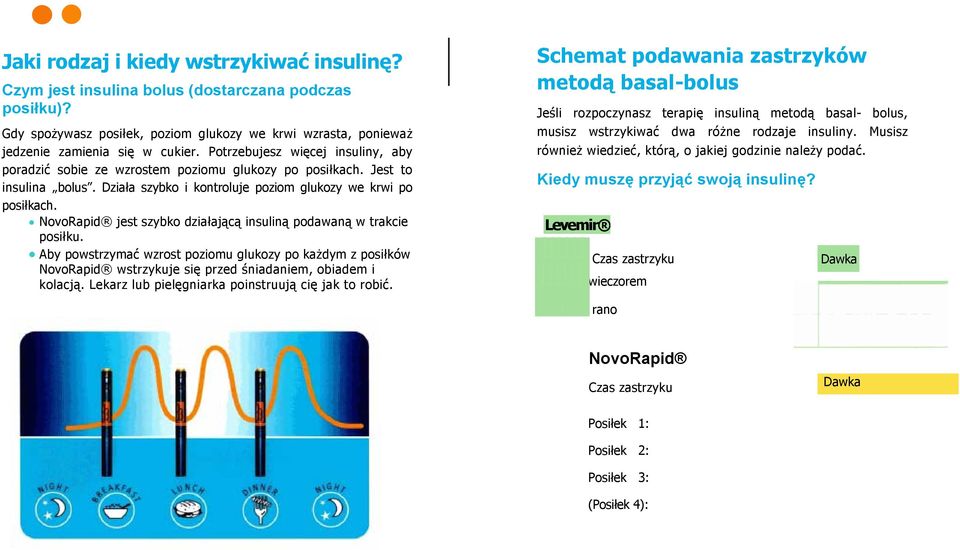 NovoRapid jest szybko działającą insuliną podawaną w trakcie posiłku. Aby powstrzymać wzrost poziomu glukozy po każdym z posiłków NovoRapid wstrzykuje się przed śniadaniem, obiadem i kolacją.