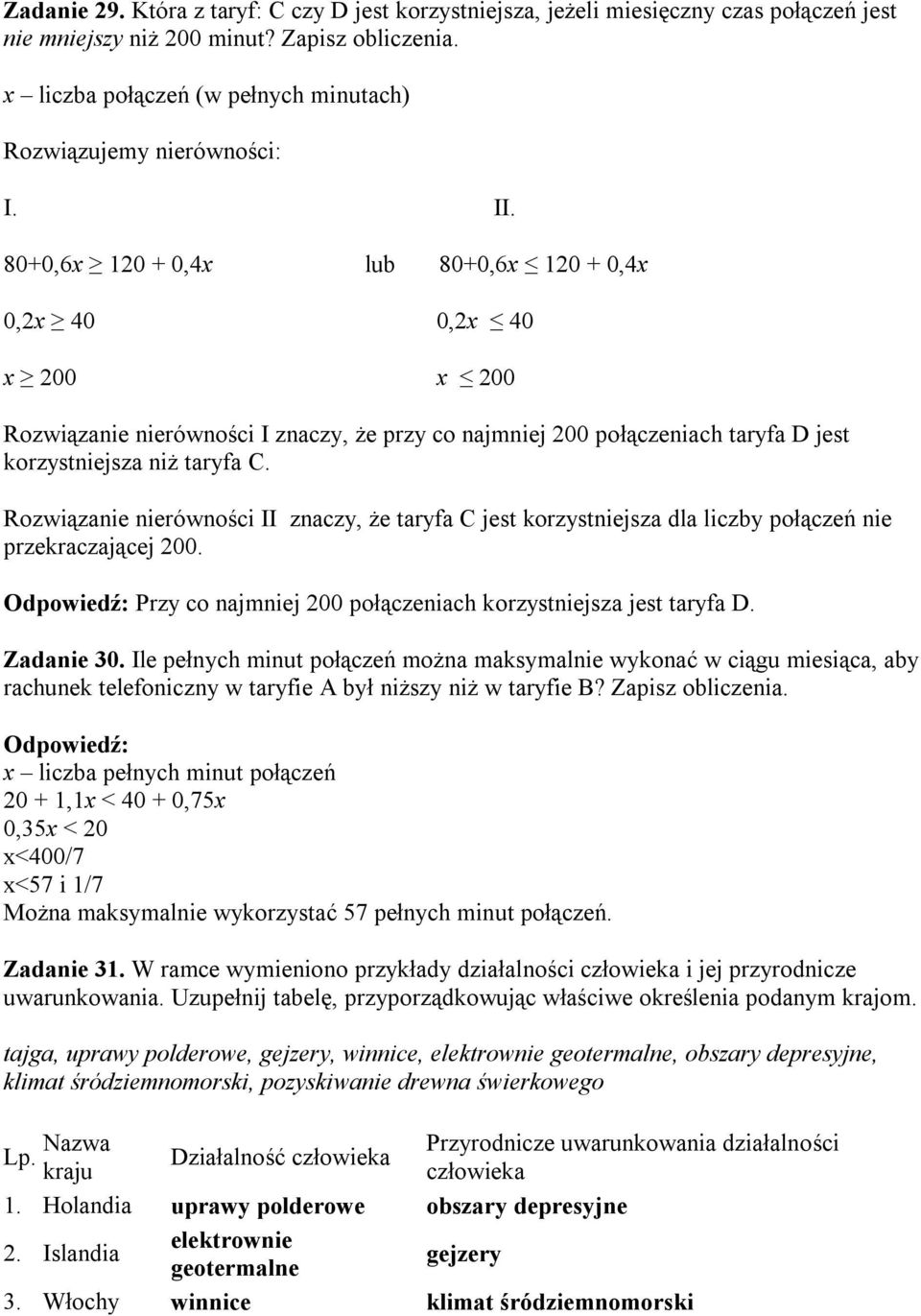 80+0,6x 120 + 0,4x lub 80+0,6x 120 + 0,4x 0,2x 40 0,2x 40 x 200 x 200 Rozwiązanie nierówności I znaczy, że przy co najmniej 200 połączeniach taryfa D jest korzystniejsza niż taryfa C.