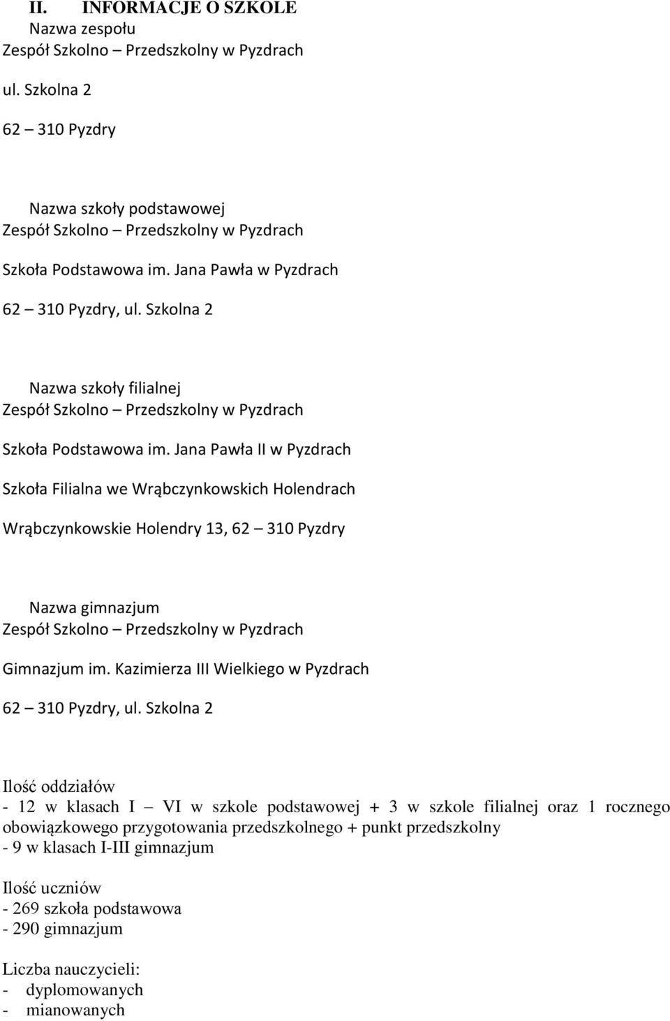 Jana Pawła II w Pyzdrach Szkoła Flalna we Wrąbczynkowskch Holendrach Wrąbczynkowske Holendry 13, 62 310 Pyzdry Nazwa gmnazjum Zespół Szkolno Przedszkolny w Pyzdrach Gmnazjum m.