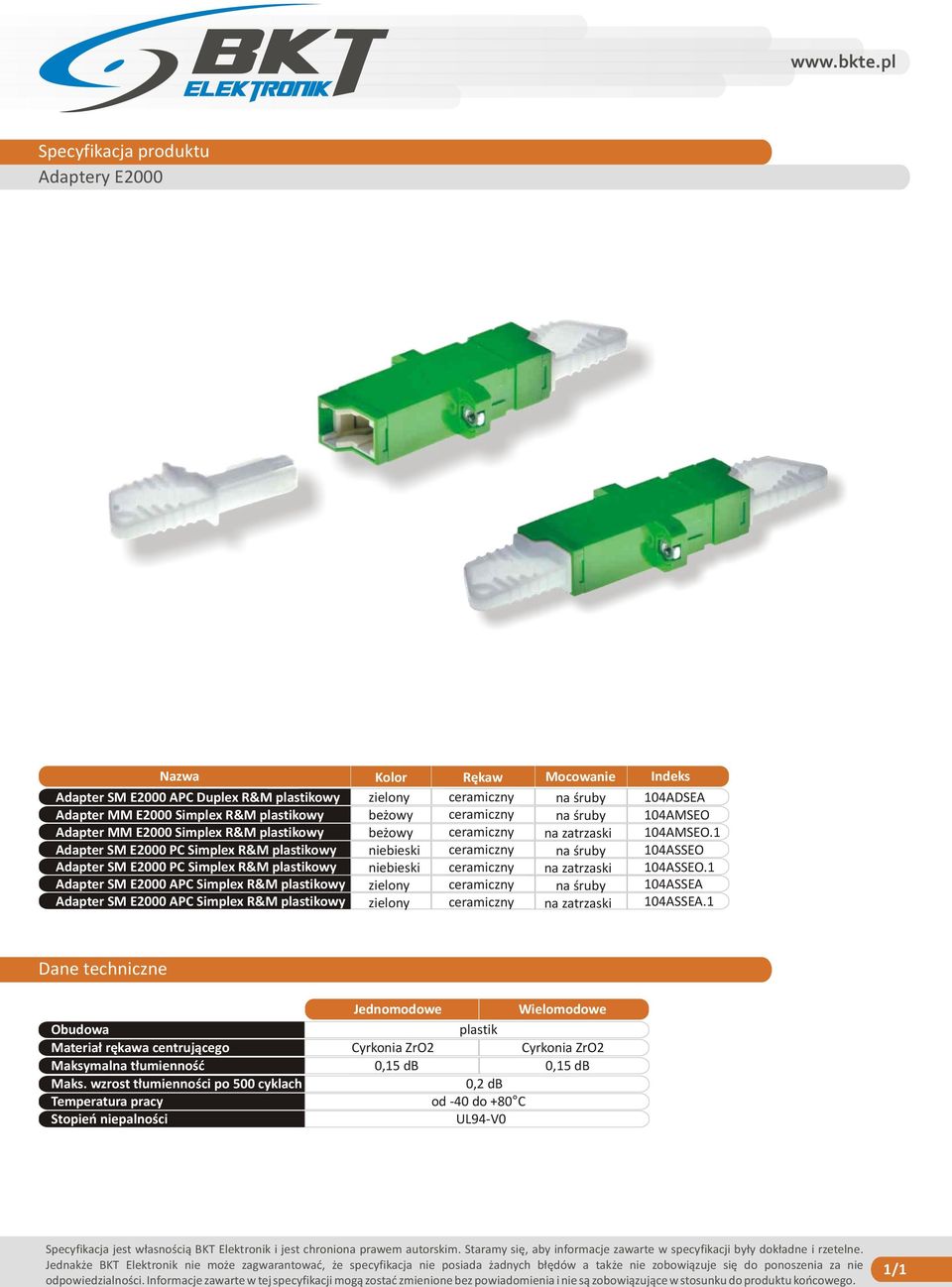 śruby na śruby 104ADSEA 104AMSEO Adapter MM E2000 Simplex R&M plastikowy beżowy ceramiczny na zatrzaski 104AMSEO.