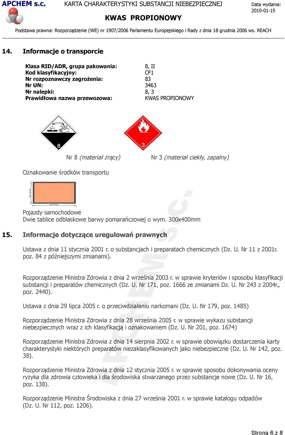 Informacje dotyczące uregulowań prawnych Ustawa z dnia 11 stycznia 2001 r. o substancjach i preparatach chemicznych (Dz. U. Nr 11 z 2001r. poz. 84 z późniejszymi zmianami).
