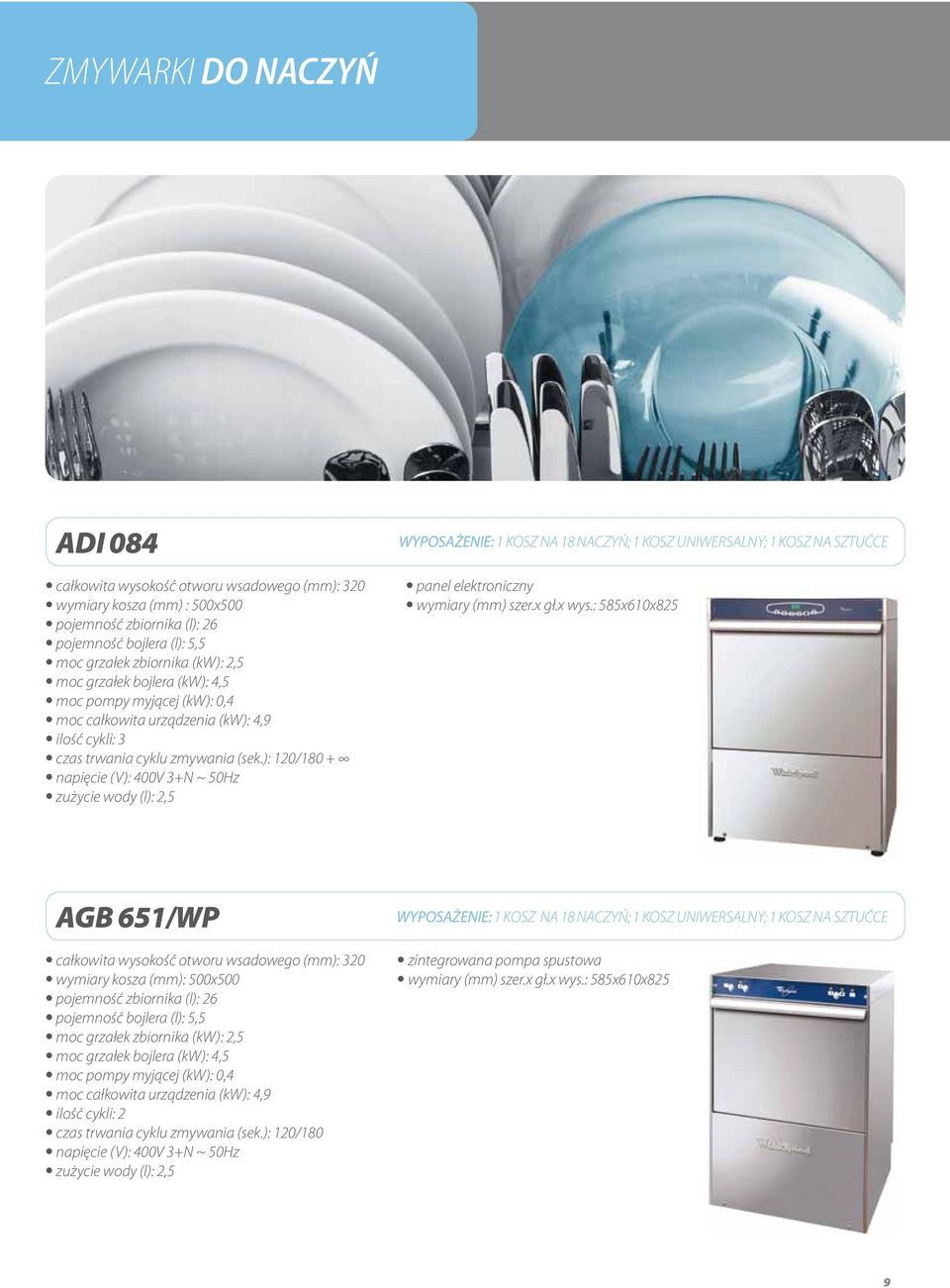 ): 120/180 + napięcie (V): 400V 3+N ~ 50Hz zużycie wody (l): 2,5 WYPOSAŻENIE: 1 kosz na 18 NACZYŃ; 1 kosz UNIWERSALNY; 1 KOSZ NA SZTUĆCE panel elektroniczny wymiary (mm) szer.x gł.x wys.