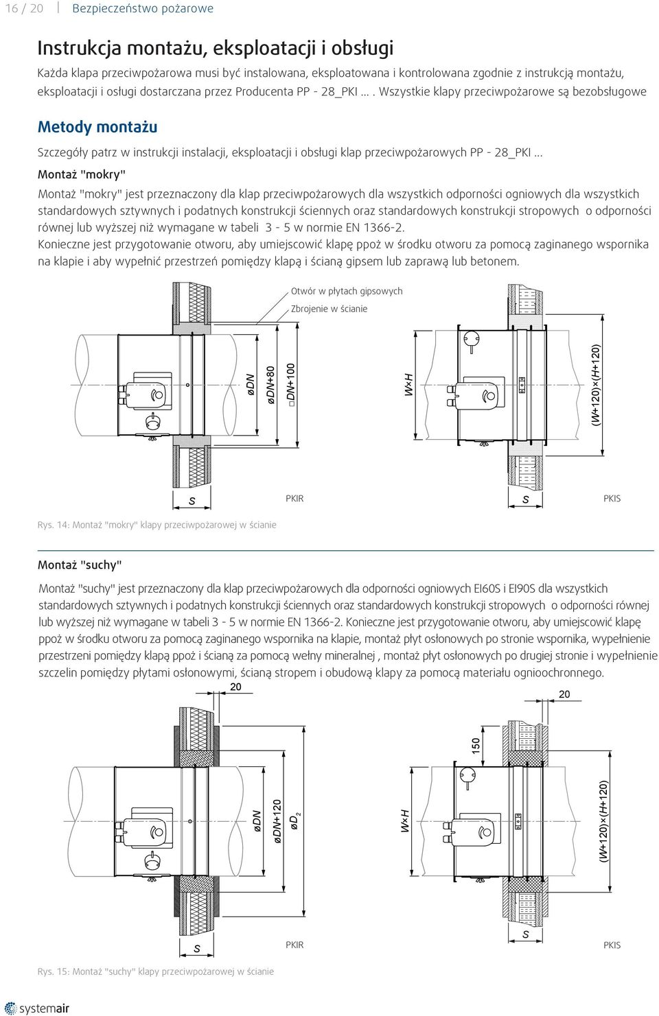 ... Wszystkie klapy przeciwpożarowe są bezobsługowe Metody montażu Szczegóły patrz w instrukcji instalacji, eksploatacji i obsługi klap przeciwpożarowych PP - 28_PKI.