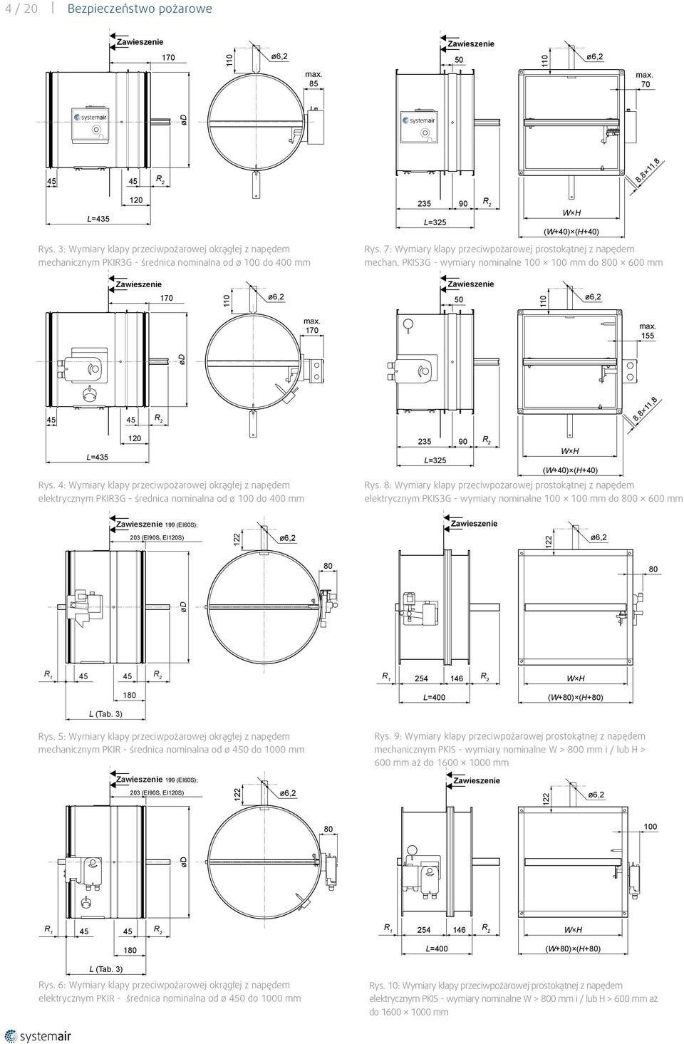 7: Wymiary klapy przeciwpożarowej prostokątnej z napędem mechan. PKIS3G - wymiary nominalne mm do 800 600 mm Zawieszenie 170 110 ø6,2 Zawieszenie 50 110 ø6,2 max. 170 max.