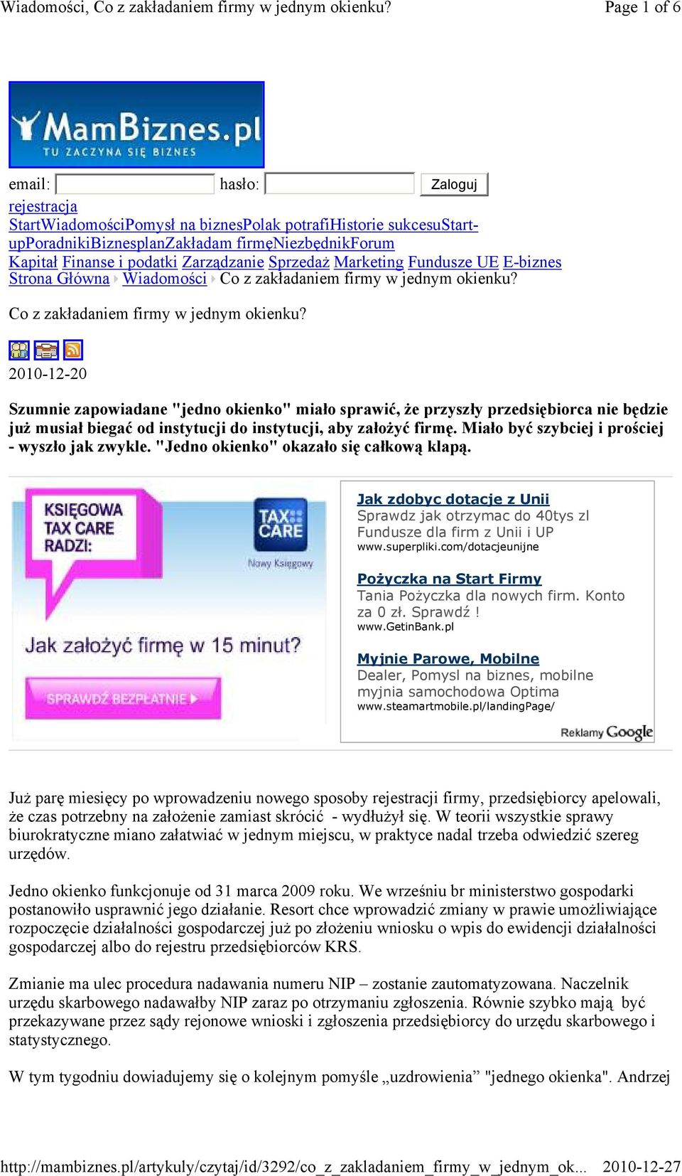 Co z zakładaniem firmy w jednym okienku?