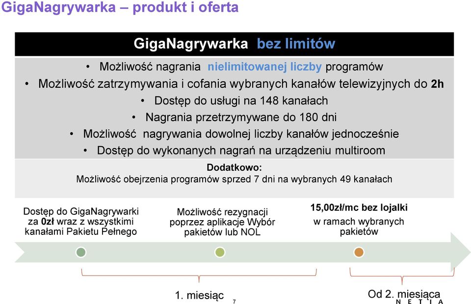 wykonanych nagrań na urządzeniu multiroom Dodatkowo: Możliwość obejrzenia programów sprzed 7 dni na wybranych 49 kanałach Dostęp do GigaNagrywarki za 0zł wraz z