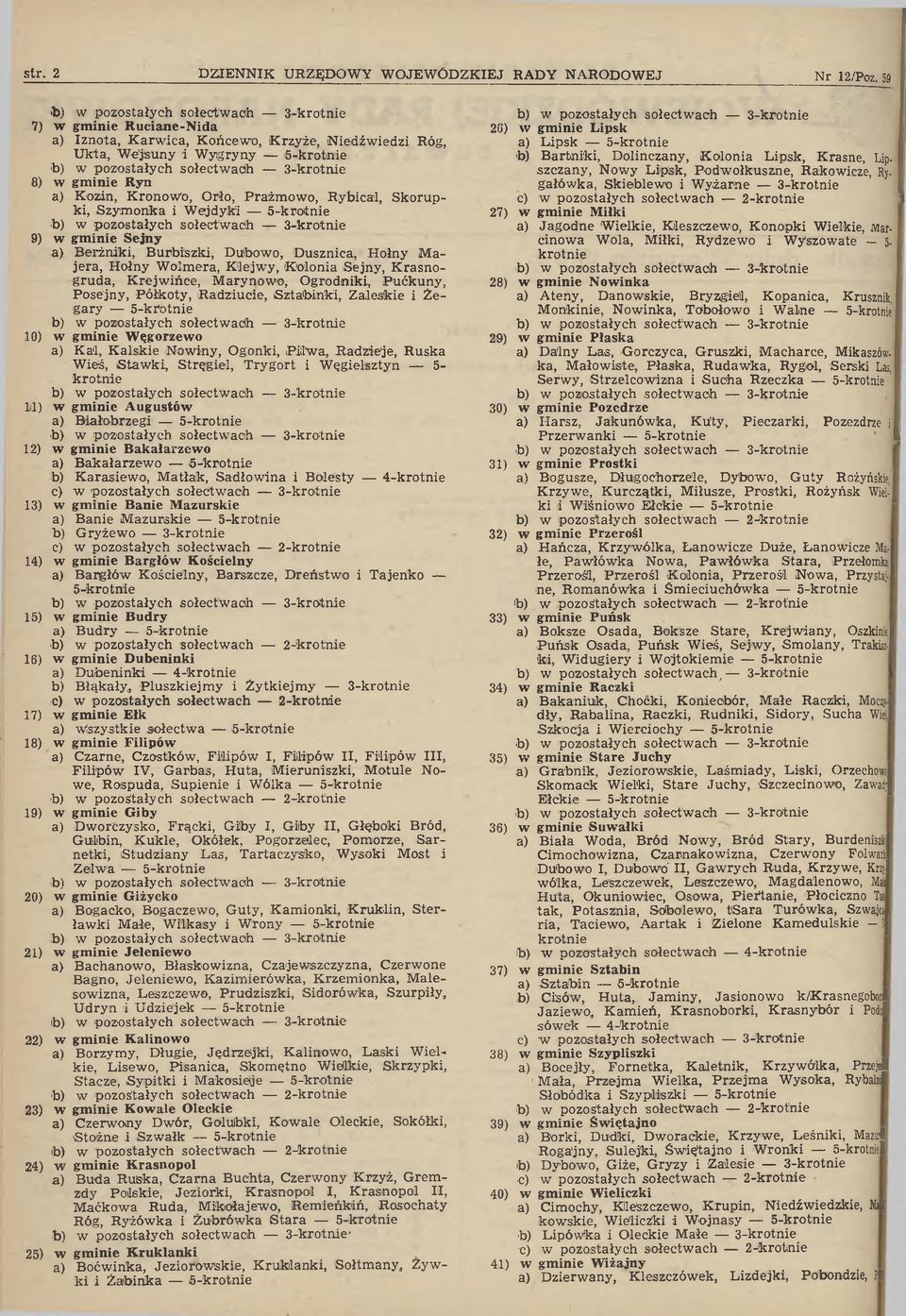Ryn a) Kozin, KronowO, Orło, Prażm owo, R ybical, Skorupki, Szym onka i W ejdyki 5- to) w pozostałych sołectw ach 3-9) w gm inie Sejny a) Berżniki, Burbiszki, Dutoowo, Dusznica, Hołny M a jera, H
