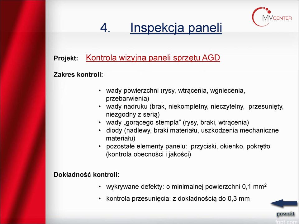 wtrącenia) diody (nadlewy, braki materiału, uszkodzenia mechaniczne materiału) pozostałe elementy panelu: przyciski, okienko, pokrętło