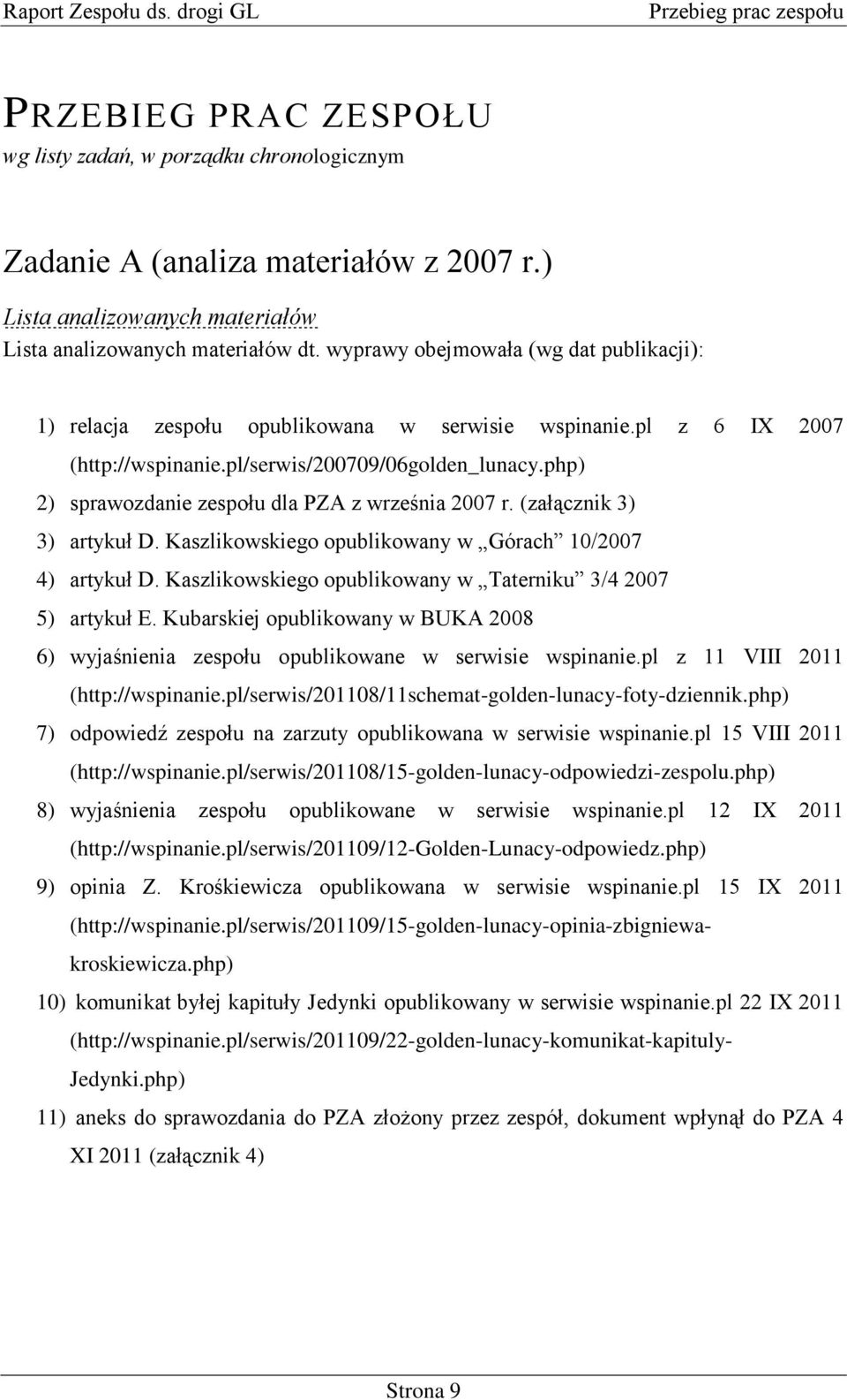 pl/serwis/200709/06golden_lunacy.php) 2) sprawozdanie zespołu dla PZA z września 2007 r. (załącznik 3) 3) artykuł D. Kaszlikowskiego opublikowany w Górach 10/2007 4) artykuł D.