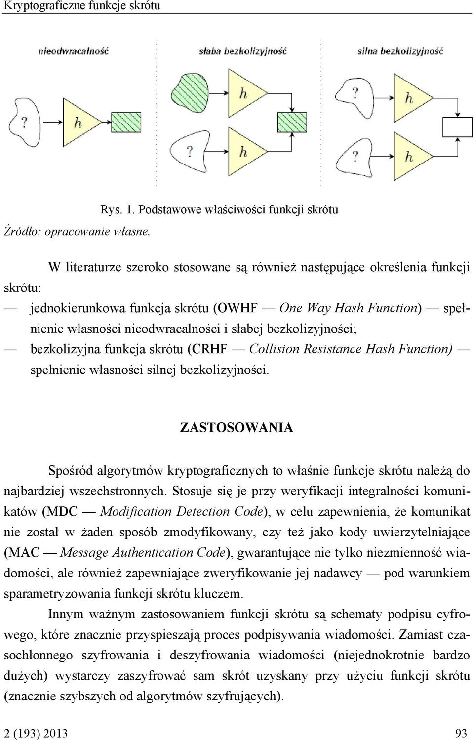 bezkolizyjności; bezkolizyjna funkcja skrótu (CRHF Collision Resistance Hash Function) spełnienie własności silnej bezkolizyjności.